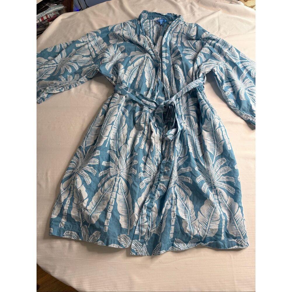 Blue Ginger Kimono Robe Women’s O/S Blue Palm Rayon Belted Pockets Tropical